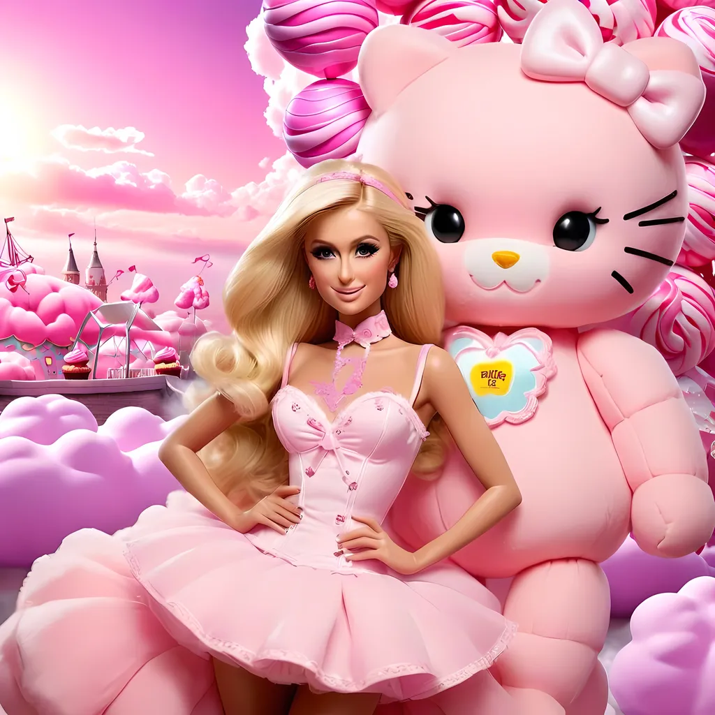 Prompt: high resolution, 4k, detailed, high quality, professional, wide view. Pink candy floss heaven. many fine and distinct details like balloons and cupcakes in the sky. Animated.