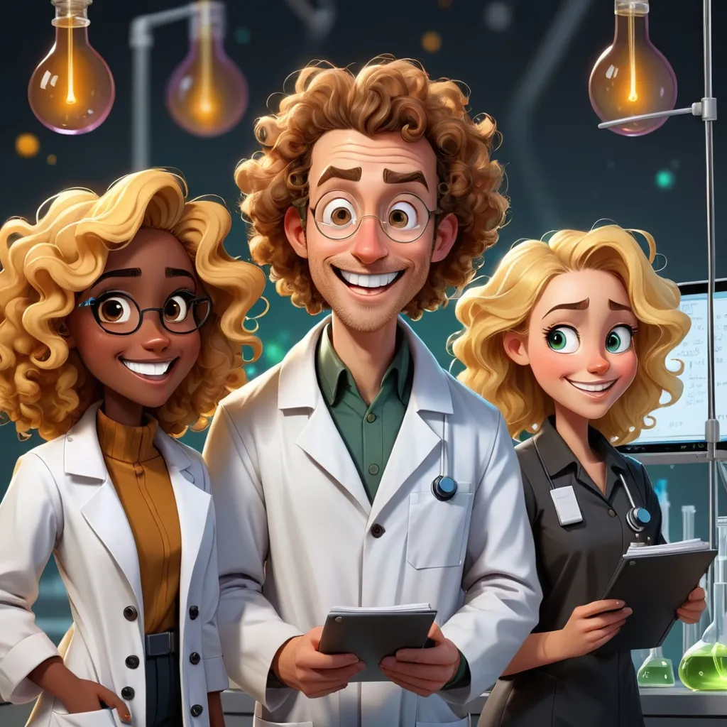 Prompt: Make characters do experiments with 🌃 c solutions. a Caucasian male scientist with brown curly long hair. To the right is a short scientist with straight golden blonde hair, to left is pretty black and tall female scientist. make characters do experiments and laughing. 