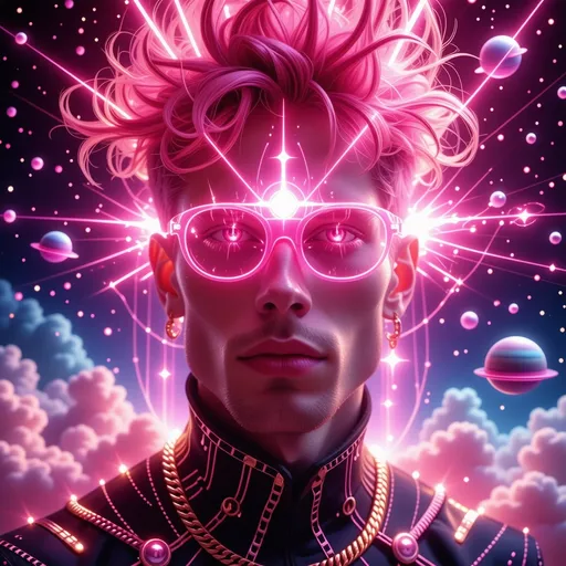 Prompt: A hyper-stylized, psychedelic illustration of a male trance-pop cosmic oracle with radiant, glowing pink spiked hair that defies gravity like charged plasma. His expression is stoic, powerful, and mysterious. A spinning vinyl record serves as his third eye, inset with a glowing gem, radiating beams of pink laser light from his forehead. His eyes are intense and luminescent, flickering like retro synthwave screens. He wears futuristic crystalline armor tinted in fuchsia and magenta, with iridescent highlights and circuit-like etchings. A thick, sacred techno-chain hangs around his neck like a digital relic.

The background is a surreal, dreamy cosmos filled with soft cotton-candy nebula clouds, spiral mandalas, floating jellyfish-UFOs, glitch stars, and planetary rings bending like neon rubber bands. Animated-style elements like flickering halos, pulse lines, and radial starbursts add motion and mysticism. The atmosphere feels like a sacred rave at the end of time—cosmic, divine, and unapologetically pink.

Style: retro-futurist, 70s sci-fi magazine cover meets Y2K vaporwave, risograph grain, soft posterization, cinematic lighting
Mood: iconic, sacred, fierce, dreamlike, glitch divine
Aesthetic tags: pink mysticism, space rave oracle, glam futurism, divine masculinity, analog dreamwave


