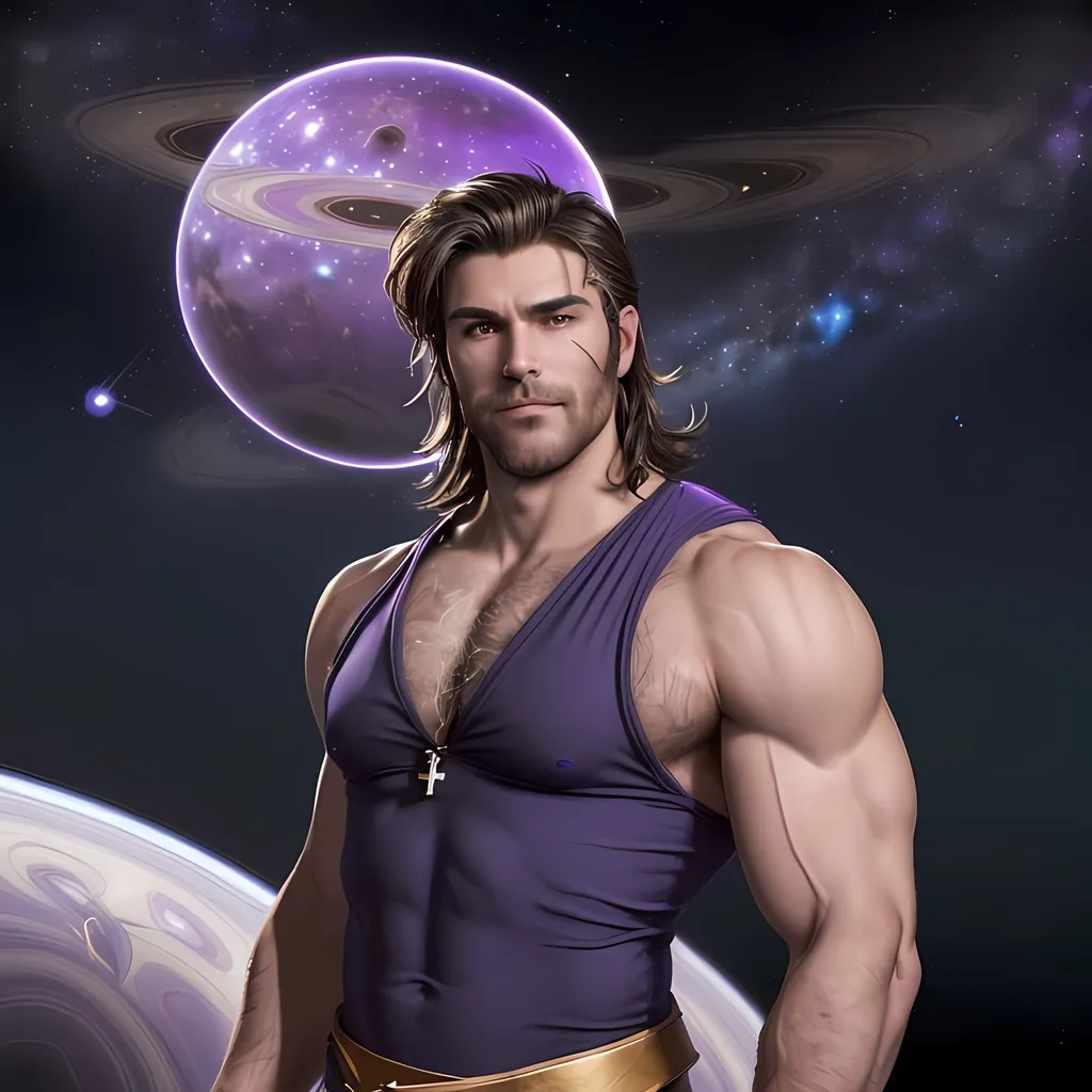 Prompt: Make model cross arms and smill happilly while looking slightly up and make him wear another costume that shows his muscles better and makes him very manly and rugged with lots of chest hair and make him slightly dark and tall. Make details super realistic and beautiful. Many fine details. The purple planet in the background looks like Saturn. Blue shining falling stars. 