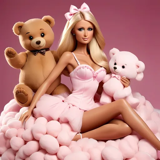 Prompt: Make Barbie doll that resembles Paris Hilton in pink candy floss heaven with a cute life-size brown teddy bear. Zoom out and show the full body of Paris Hilton doll. HIgh resolution. professional. cute. 