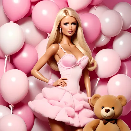 Prompt: Make Barbie doll that resembles Paris Hilton in pink candy floss heaven with a cute life-size brown teddy bear. Zoom out and show the full body of Paris Hilton doll. HIgh resolution. professional. cute. 