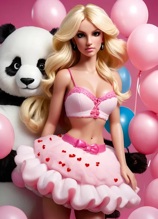 Prompt: Make a Barbie doll that resembles Britney Spears in pink candy floss heaven with sparkling balloons and cupcakes and hearts with a cute life-size panda teddy bear. Zoom out and show the full body of Britney Spears doll. High resolution. professional. cute. 