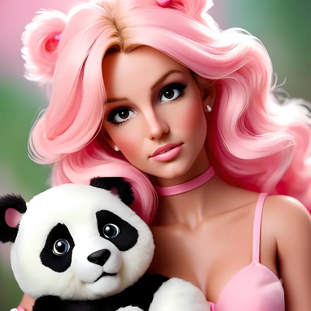 Prompt: Make barbie doll that resembles Britney Spears in pink candy floss heaven with a cute life size panda bear. 