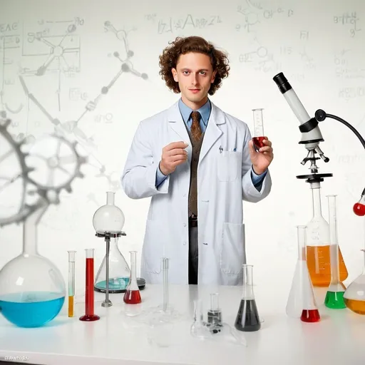 Prompt: professional. high resolution. plenty of fine and distinct little details. make a cool background with this chemistry mechanism. make the background not white but glass and make the print faint, not too bright. in front of the background is one Caucasian male scientist who is very tall with curly brown hair.  make him flirt with the camera.