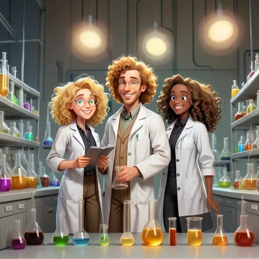 Prompt: Make characters do experiments with 🌃 c solutions. a Caucasian male scientist with brown curly long hair. To the right is a short scientist with straight golden blonde hair, to left is pretty black and tall female scientist. make characters do experiments and laughing. 