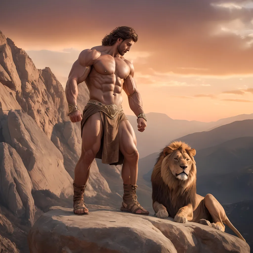 Prompt: Realistic scene of handsome young muscular Hercules in stunningly beautiful mountains with big brown rocks and dry climate, with sunset rays shining on Hercules, he is standing next to a lion,  Hercules standing with his arms folded and strong, beautiful and quality Greek god outfit. . Striking. Hyper realistic. Creative. High resolution. Profesional. Lots of distinct and fine details. Flowing colours that is aesthetically clever and beautiful. 