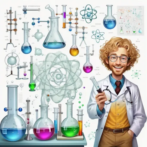 Prompt: professional. high resolution. plenty of fine and distinct little details. make a cool background with this chemistry mechanism. make the background not white but glass and make the print faint, not too bright. in front of the background is one Caucasian male scientist who is very tall with curly brown hair and a golden blonde Caucasian female scientist who is short. make them laugh and have fun while working on magical experiments. 