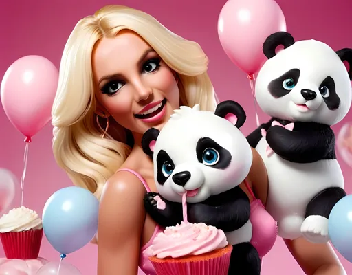 Prompt: Make a Barbie doll that resembles Britney Spears in pink candy floss heaven with sparkling balloons and cupcakes and hearts with a cute life-size panda teddy bear. Zoom out and show the full body of Britney Spears doll. High resolution. professional. cute. 