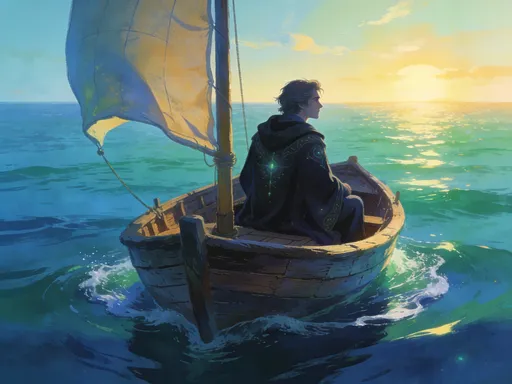 Prompt: Sparrowhawk, the mage from ursala K. Leguin's novel "A wizard of Earthsea" saling in a small boat with one sail on the sea. In the style of illustrated fantasy art.