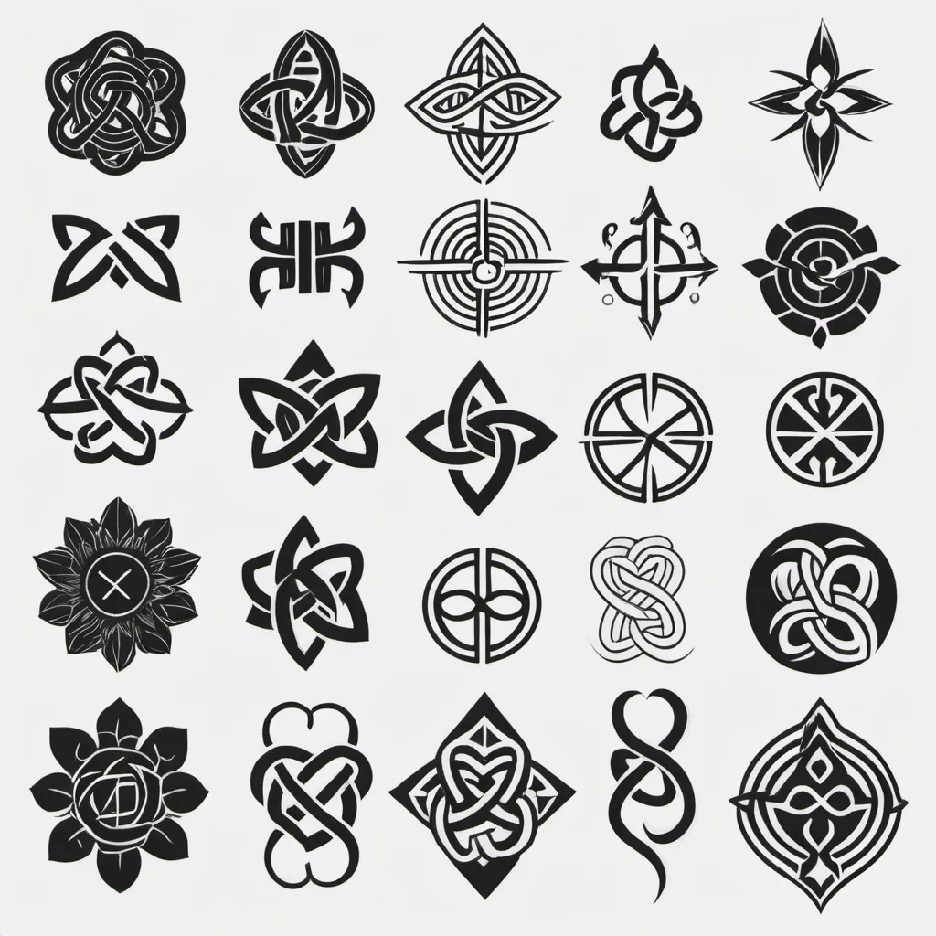 Prompt: tattoo excamples for elbow 10pc. simple nordic mytholic symbols in black and white. nordic knots