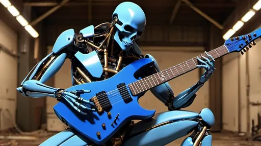 Prompt: Ein E-Gitarre spielender Cyborg in einer futuristischen Fabrikhalle, die ein lost place ist.
der Cyborg steht mit der E-Gitarre in der Mitte der Halle. Er ist von vorne zu sehen. Die E-Gitarre, die der Cyborg in der Hand hält, ist eine Ibanez-Gitarre der RG-Serie in Blau mit goldener Hardware.
Das ganze soll super realistisch aussehen.