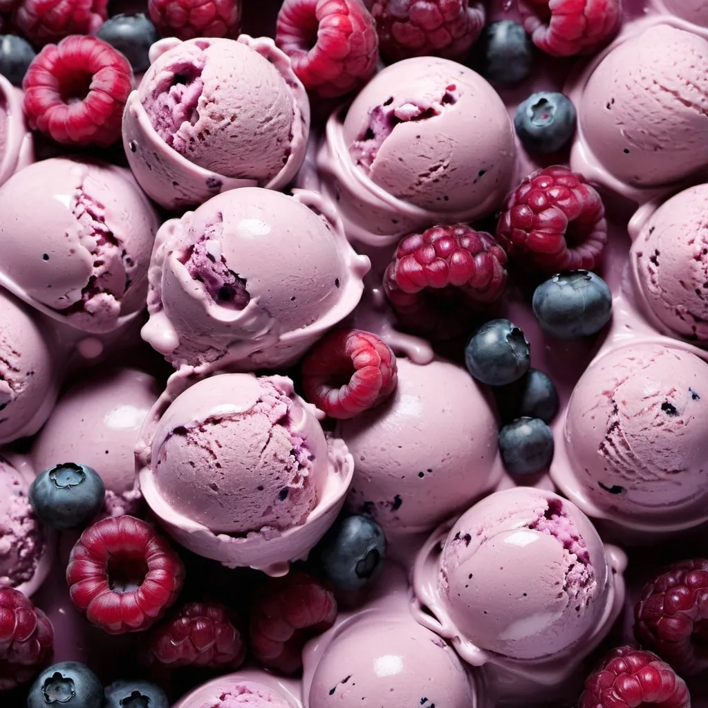 Prompt: "Please create an image of blueberry mulberry ice cream. The ice cream should be shown from the front and in a scoop form. The colors blue and magenta should be clearly visible with a smooth and creamy texture. The scoop should contain visible pieces of blueberry and mulberry. The background should be simple and uniform, with a light color such as white or cream, to keep the focus on the ice cream. Lighting should be soft and natural to highlight the texture of the ice cream."