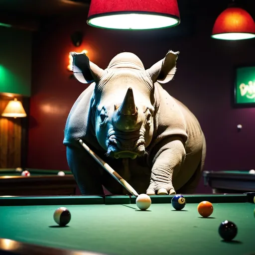 Prompt:  A 
rhinoceros playing billiards, in a dimly lit pool hall, wearing cool sunglasses, focused expression, colorful billiard balls, green felt table, dramatic lighting, relaxing atmosphere.