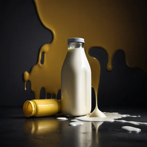 Prompt: a spilled milk bottle is in the middle of the picture and the background is gloomy yellow, highres, surreal, abstract, dark tones, melancholy