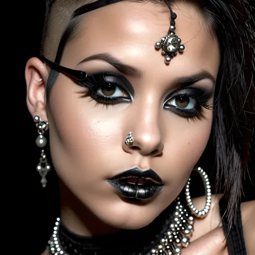Prompt: face close up, glamour photography of a random stylish goth girl, edgy vibe, dark, mascara, eyeliner, dark cheeks, Unique facial piercings with ornate jewelry, Round eyes, Dimples, Smoky eye makeup, Defined jawline, skin pores, shiny skin, grainy, harsh flash lighting, sepia tone