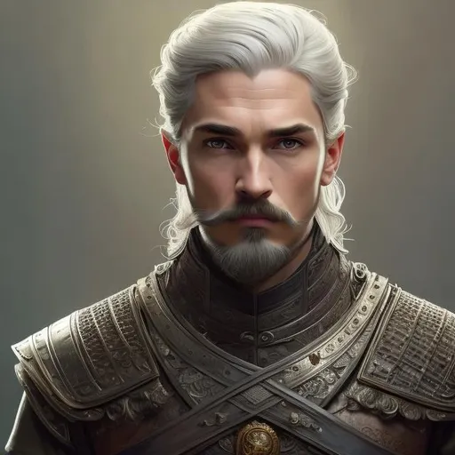 Prompt: young 30s man with silver-gold hair, small moustache and small goatee as a medieval prince, intricate, elegant, highly detailed, digital painting, artstation, concept art, smooth, sharp focus, illustration, game of thrones, art by greg rutkowski and alphonse mucha and aleksi briclot