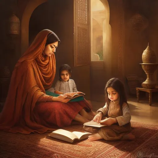 Prompt: Realistic oil painting of an Iranian mother and child reading, warm earthy tones, traditional Persian setting, intricate calligraphy on the background, soft natural lighting, rich texture, detailed facial features, heartwarming scene, high quality, realistic, traditional, Persian culture, warm tones, detailed textures, emotional, atmospheric lighting