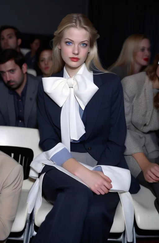 Prompt: 24-year-old beautiful young woman, very thin, slim, long blond hair, dark blue eyes, thin face with sweet features, full lips, wearing a suit with a grey jacket, elegant wide-leg palazzo trousers well-ironed and middle-pleated, a bow-blouse shirt.