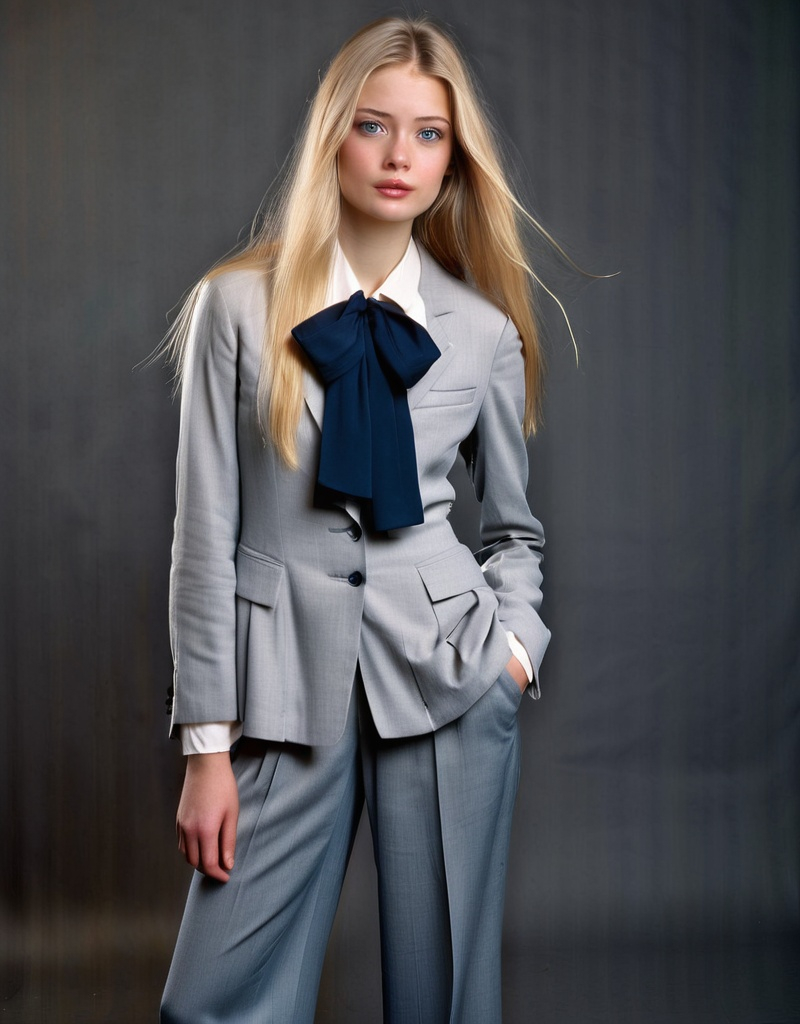 Prompt: 24-year-old beautiful young woman, very thin, slim, long blond hair, dark blue eyes, thin face with sweet features, full lips, wearing a suit with a grey jacket, elegant wide-leg palazzo trousers well-ironed and middle-pleated, a bow-blouse shirt. She is unconfortable and worried.