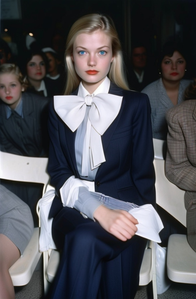 Prompt: 24-year-old beautiful young woman, very thin, slim, long blond hair, dark blue eyes, thin face with sweet features, full lips, wearing a suit with a grey jacket, elegant wide-leg palazzo trousers well-ironed and middle-pleated, a bow-blouse shirt.