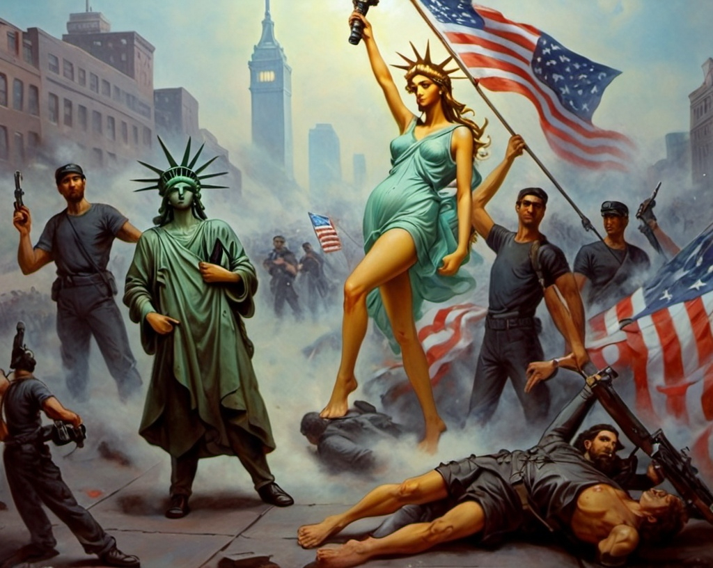 Prompt: "Liberty Leading the People", but under a cyberpunk outlook, replace: the flag with an invented flag (not an American flag!); the weapons depicted in the painting with futuristic weapons; some (!) of the human characters with cyborg or robot characters. You have only to replace what I said, the painting must remain as it is in the placement of the figures, in the style, etc. There shouldn’t be the Statue of Liberty.