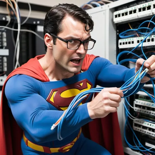 Prompt: superman with glasses in flying pose while he is plugging in ethernet cables into a patch panel