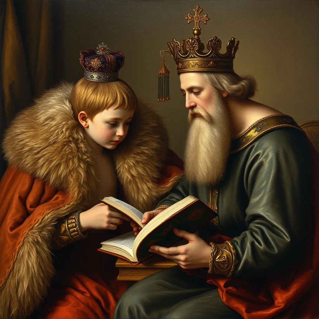 Prompt: a young boy is reading a book to a man in a crown and a fur coat and a crown on his head, Dionisius, renaissance, renaissance oil painting, a flemish Baroque