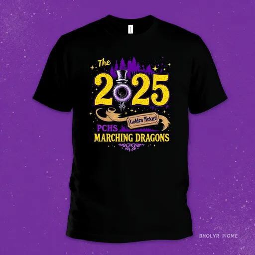 Prompt: incorporate "PCHS Marching Dragons" along with the year 2025 or its variations, alongside the show title the golden ticket. Also add inspiration from Willy wonka and make this shirt appeal to things surrounding golden ticket tetc Notably, the designs are to be printed on a black shirt, with a color palette that includes black, white, and two additional colors (purple and yellow) creating a lively and engaging atmosphere for potential designers. 