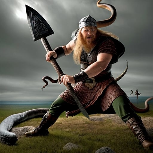 Prompt: Angry Viking fighting a big snake with an axe