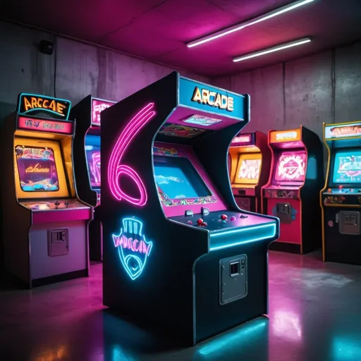 Prompt: Create an image of a single arcade machine placed in the middle of an empty room approximately 6 meters by 6 meters. The room has concrete walls and is illuminated by neon lighting. The arcade machine has a retro design with bright colors and a lit marquee displaying a classic game title. The neon lights on the walls are glowing in vibrant colors like blue and pink, creating a futuristic yet nostalgic atmosphere. The concrete floor is smooth and undecorated, drawing attention to the arcade machine in the center.