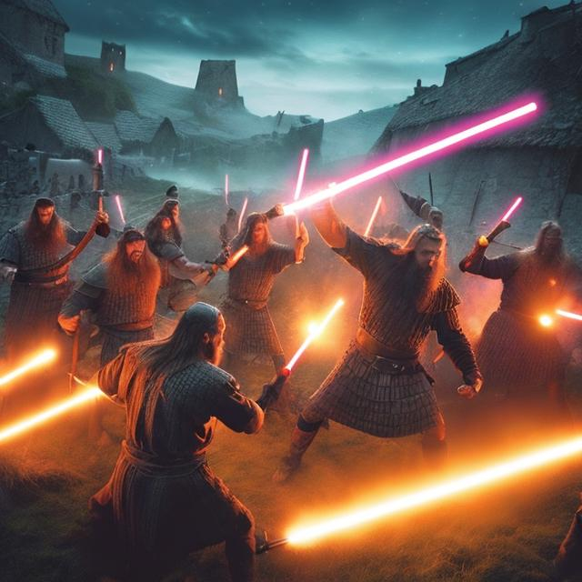 Prompt: Vikings attacking a village using lightsabers.  