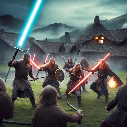 Prompt: Vikings attacking a village using lightsabers.  