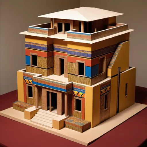 Prompt: Model of a house that combines Ancient Egypt architecture, Art deco and kente loincloth design