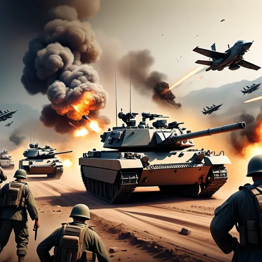 Prompt: (illustrative depiction of military confrontation), detailed military equipment, contrasting flags, (strategic positioning), extensive military assets, engaging combat atmosphere, intense rivalry, (dynamic composition), authoritative visuals, tense ambiance, vivid color palette, smoky background, high detail scale, realistic weapons, (high quality) 4K illustration of capabilities.