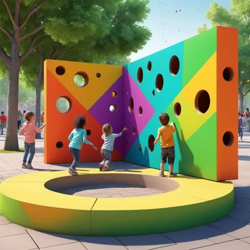 Prompt: Kids playing at wall with geometric holes  in public park, playful atmosphere, interactive public artwork, vibrant and lively, realistic 3D rendering, kids playing, geometric holes in wall, bus stop, interactive art, vibrant colors, lively atmosphere, realistic 3D rendering, playful, geometric shapes, square, triangle, cube, rectangle, interactive play, children's game, park setting, high quality, realistic, 3D rendering, vibrant colors, interactive, playful, geometric shapes, kids playing, lively atmosphere, park setting, interactive art