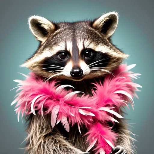 Prompt: make an image of a racoon wearing a feather boa