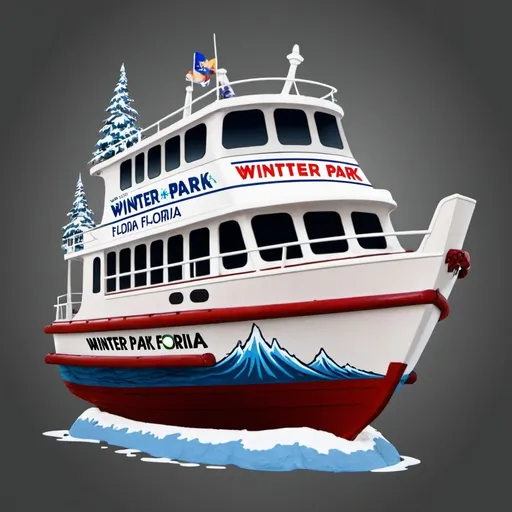 Prompt: Cartoon boat shown in full from the side with "Winter Park Florida" written on it