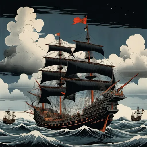 Prompt: The black ship carrack class Portugal treading 15th century in the ocean and clouds above it, with a sky background, Art & Language, ukiyo-e, orientalism, an album cover