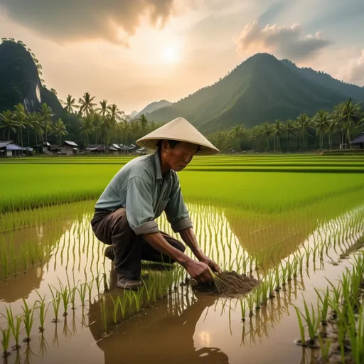 Prompt: (A close-up view of a rice paddy field), a farmer wearing a (straw hat) planting rice seedlings, showcasing the intricate details of the action, shapes, and spatial arrangement. In the background, a majestic mountain looms, bathed in (warm golden hues) illuminating the scene. The lush greenery of the rice field contrasts beautifully against the vibrant sky, creating a (serene and natural atmosphere). Ultra-detailed, HD quality.