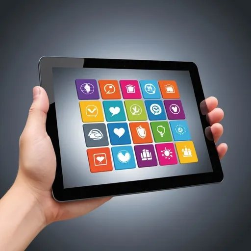 Prompt: hand holding a tablet icons for world wide web, colourful, real life
