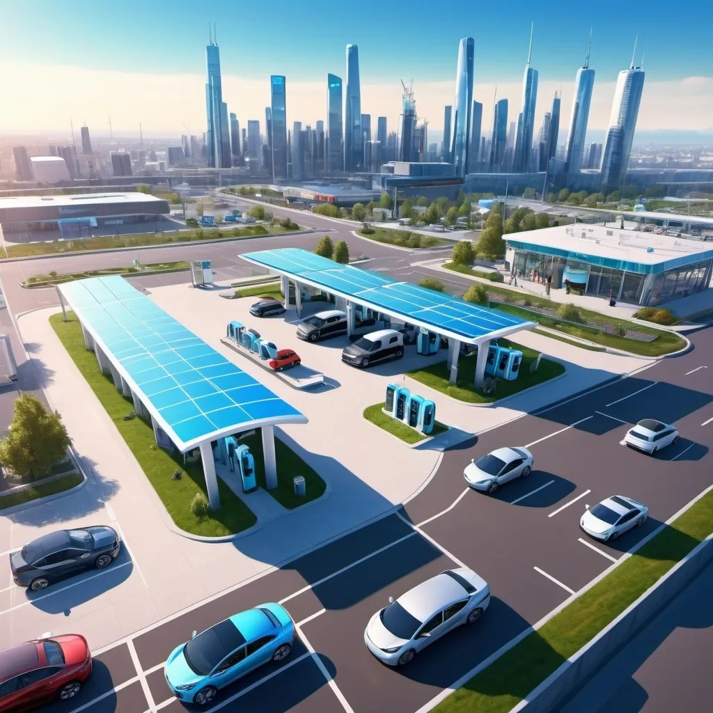 Prompt: aerial photo of a modern and stylish, conceptual  looking forecourt with EV chargers, gas pumps and a convenience store. EV cars and Semi trucks fill the stations, and in the background is a modern, almost futuristic looking city