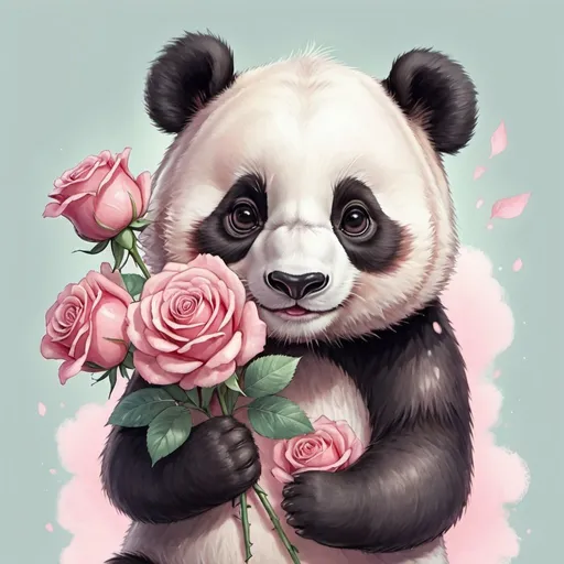 Prompt: Cute anime illustration of a panda holding three roses, soft pastel color tones, anime style, detailed fur with soft textures, adorable expression, high quality, pastel colors, anime, cute, detailed fur, soft pastel, roses, adorable expression