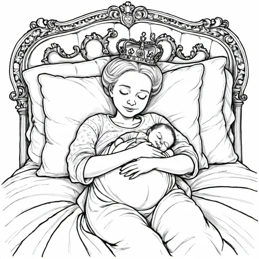 Prompt: Queen Lizzy is lying in the grand bed, propped up by plush pillows, looking both exhausted and overjoyed. She is holding one of the newborn babies in her arms, gazing at it with a mixture of wonder and love.