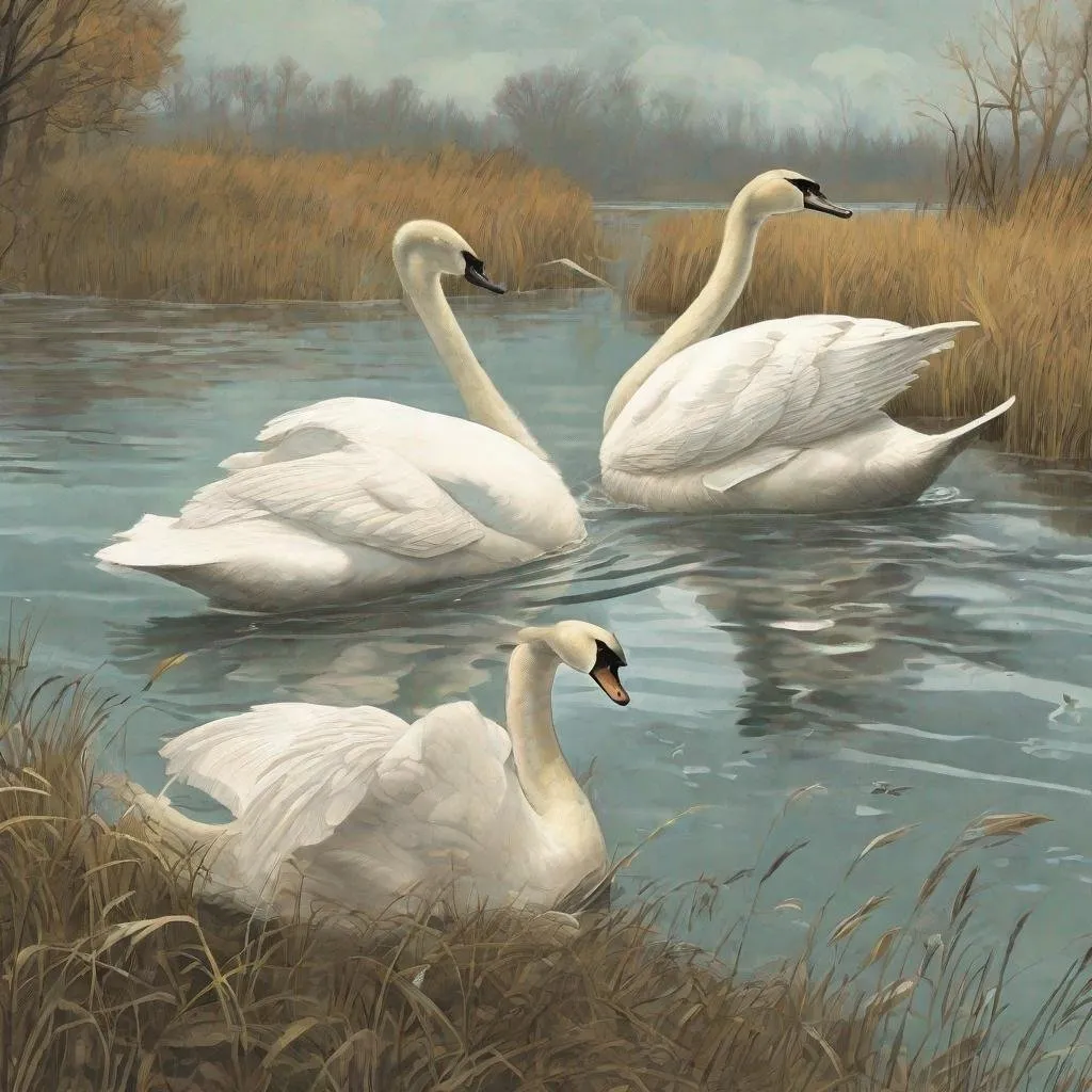 Prompt: trumpeter swans on the first page of the magazine 50's editorial color illustration. more realistic, more detailed background.