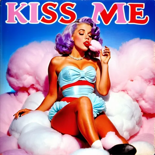 Prompt: 1950s Girl with lavender lilac shiny hair laying on a pink  cotton candy cloud on her stomach with her feet crossed up, blowing a kiss with her lips and mouth. Blue sky background.  She is in her birthday suit. Album cover. Title that says "Kiss Me".  Very nice pretty picture. Very elegant nice look.