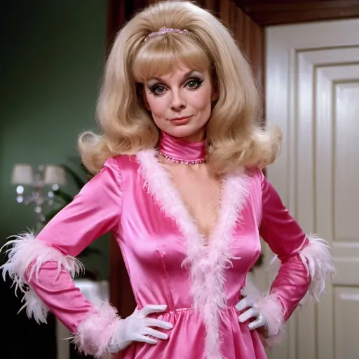 Prompt: Fembot with blonde hair from Austin Powers wearing pink silky night gown short dress with poofy feathery along the trim of the dress