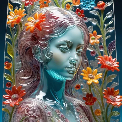 Prompt: A detailed and vibrant transparent glass sculpture of a woman with flowers, intricate details, surreal, colorful background