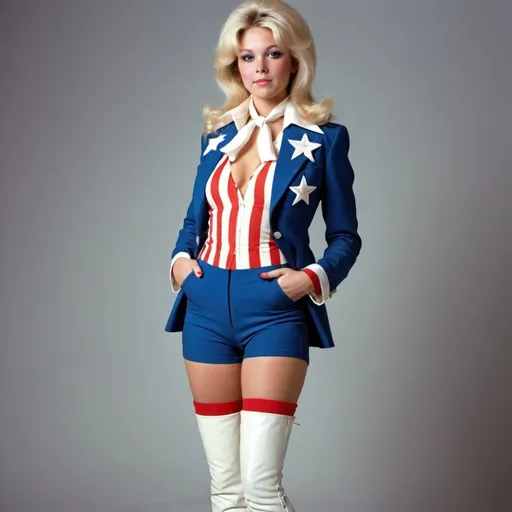 Prompt: American woman, blonde,70's style. American red white and blue  stars an stripes.  Wearing a torso suit and knee high white boots 