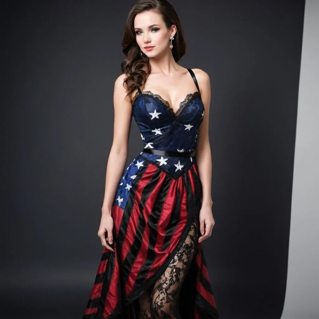 Prompt: Elegant  fancy Oscars style American Flag Dress with black lace. 